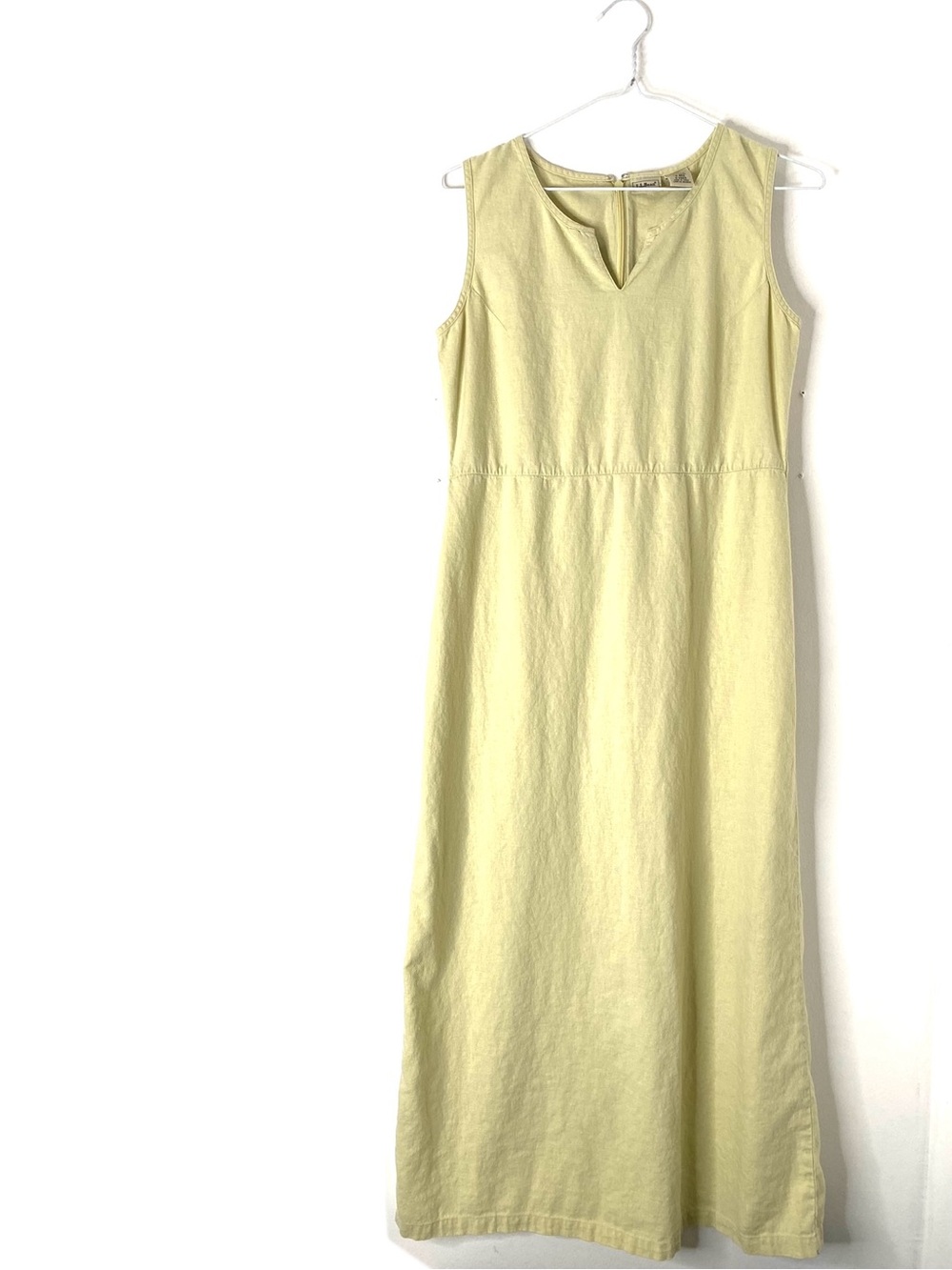 L.L. Bean Pale Yellow Linen Blend Midi Dress Sleeveless Split Neck Summer Dress